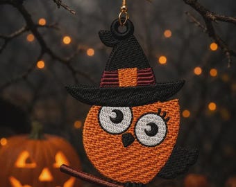 Witch Owl Earrings Embroidery Design, Freestanding Lace Halloween Ornament (Digital File)