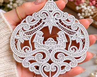 Nativity Scene Freestanding Lace Embroidery Design, Christmas Ornament (Digital Download)