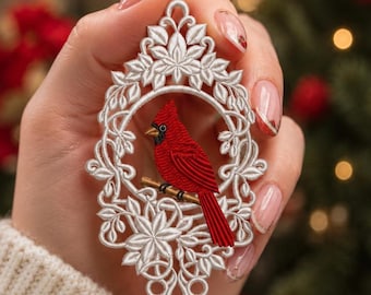 Cardinal Lace Ornament Embroidery Design, Free Standing Bird File (Digital Download)