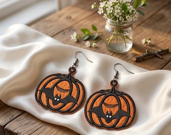 Halloween Pumpkin Bat Freestanding Lace Earrings, Machine Embroidery File (Digital Download)