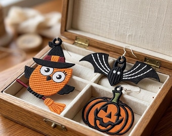 Halloween FSL Earrings Embroidery Design Bundle, Ghost Bat Pumpkin Owl Lace (Digital Download)