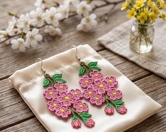 Chery blossom Vine FSL Earrings  , Freestanding Lace Jewelry Pattern, Machine Embroidery Design Instant Download