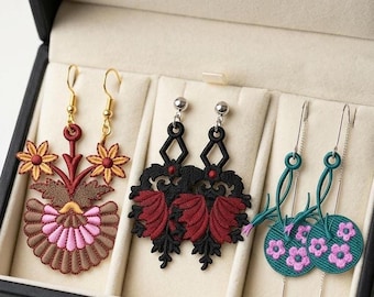 FSL Floral Earrings Embroidery Design Bundle, Freestanding Lace Flower Ornament Pattern (Digital Download)
