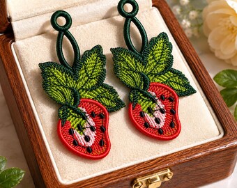 FSL Strawberry Earrings Embroidery Design, Free Standing Lace Fruit Jewelry, Machine Embroidery File Download