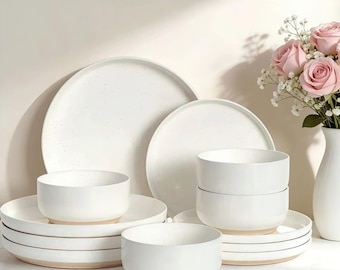 Ceramic Dinnerware Set for 4 Minimalist Neutral Dish Set Modern Kitchen Plates and Bowls Scratch Resistant Everyday Dining