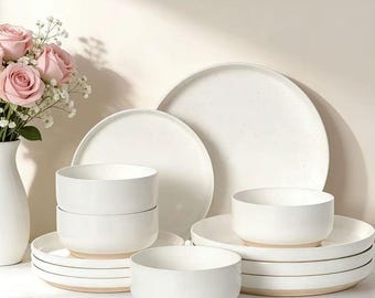 Ceramic Dinnerware Set for 4 Minimalist Neutral Dish Set Modern Kitchen Plates and Bowls Scratch Resistant Everyday Dining