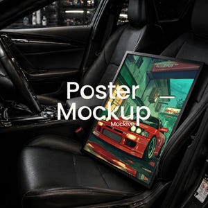 May include: A framed poster mockup featuring a vibrant anime-style illustration of a red sports car on a city street. The poster is propped up in the black leather seat of a car, with the steering wheel and dashboard visible.