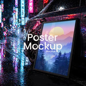 Può includere: Un mockup di poster incorniciato è appoggiato a uno pneumatico di un'auto in una scena di strada piovosa e illuminata al neon. Il poster mostra un paesaggio con un tramonto su montagne e alberi. Le parole "Poster Mockup" sono stampate.