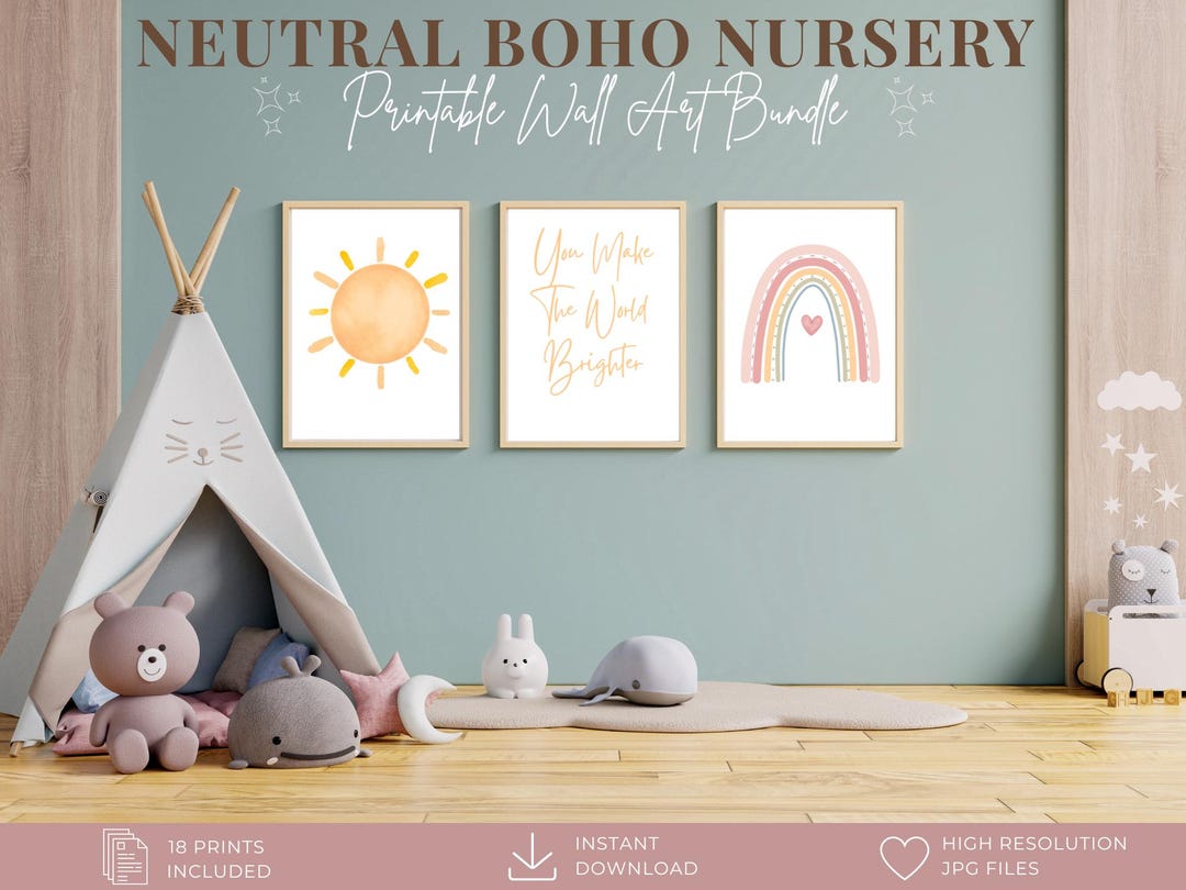 Neutral Boho Nursery Wall Art Bundle | Watercolor Rainbow, Sun, Moon ...