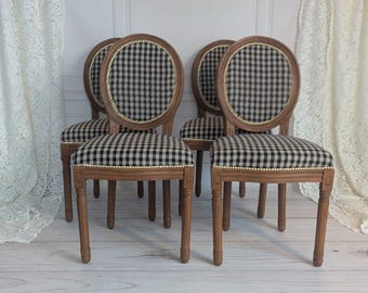 Set from 4. Gingham Louis Style Dining Chair, French Country Chic, Timeless Oval Medallion Back, Natural Wood, Farmhouse Elegance