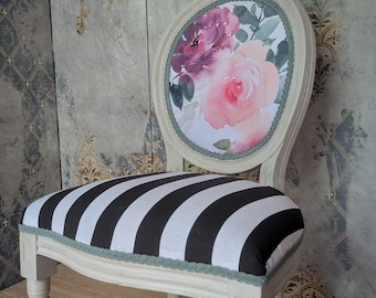 Sommerstuhl mit Blumenmuster, Medaillon im Louis-XVI-Stil, Samt-Schminkstuhl, Akzentmöbel im französischen Landhausstil, Einzigartiger Schlafzimmerstuhl, Esszimmerstuhl