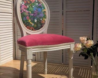 Floral Explosion Medallion Chair, Louis XVI Style, Velvet Vanity Chair, French Provincial Accent Furniture, Unique Bedroom, dining chair