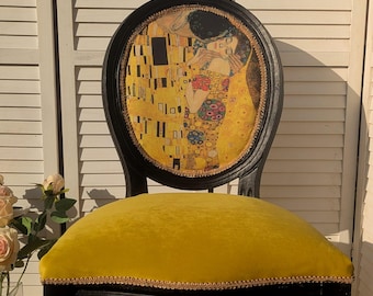 Klimt The Kiss Chair, Louis XVI French Style Chair, Velvet Chair, Artistic Black Chair, Parisian Chic Decor Timeless Oval Medallion Elegance