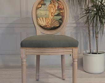 Botticelli-Stuhl „Die Geburt der Venus“, Stuhl im französischen Stil Louis XVI., Samtstuhl, Künstlerstuhl, Pariser Chic, geschnitzt, Medaillonstuhl