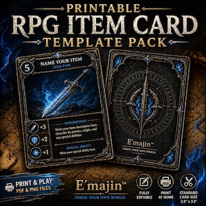 Puede incluir: Paquete de plantillas de tarjetas de objetos RPG imprimibles. La parte frontal de la tarjeta presenta una ilustración de espada azul brillante. La parte posterior tiene un fondo oscuro con un emblema central. El texto incluye "Name Your Item" y "E'majin". Tamaño de tarjeta estándar 6,35 cm x 8,89 cm.