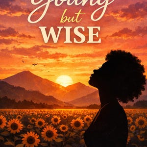 May include: An artistic image featuring a silhouette of a person looking up at a sunset. The words "Young but Wise" are written across the top. A field of sunflowers is in the foreground, with mountains in the background.