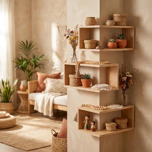 Könnte beinhalten: Drei helle Holzeckregale an einer Wand, die verschiedene Gegenstände enthalten, darunter geflochtene Körbe, kleine Sukkulenten in Töpfen, Holzperlengirlanden, Trockenblumenarrangements in Glasvasen und zwei kleine Holzfiguren.