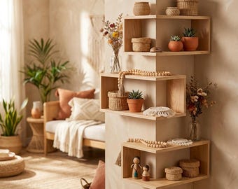 Mensola angolare sospesa in legno naturale • Espositore per piante a forma di L in stile boho giapponese