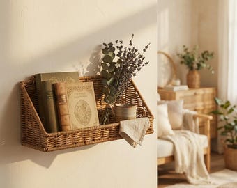 Mensola da parete in vimini intrecciato • Cesto porta libri in stile boho, organizer rustico in rattan