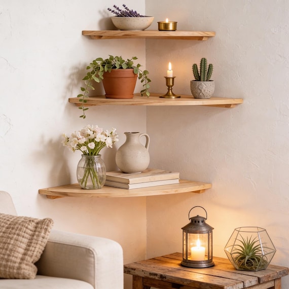Floating Corner Shelf - Triangle Wood Display Rack Bedroom Decor Boho Home Storage Gift