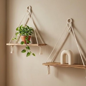 May include: Two macrame hanging shelves with wooden planks. One shelf holds a potted plant with green leaves and a terracotta pot. The other shelf displays a white, arched ceramic vase. The shelves are suspended by off-white rope.