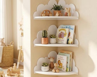 Estantería de esquina con forma de nube · Bonita estantería flotante · Decoración para habitación infantil · Almacenamiento de pared para guardería · Blanca