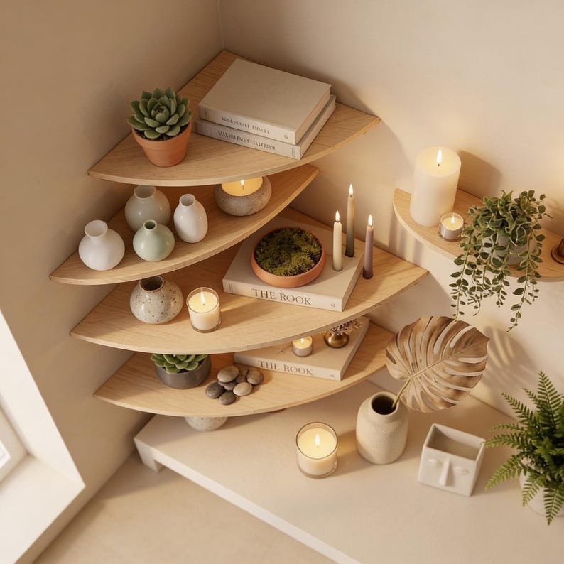 Pu&ograve; includere: Una mensola angolare con pi&ugrave; livelli che espone oggetti decorativi. I ripiani contengono piccoli vasi, candele, libri e piante in vaso. La palette di colori &egrave; neutra, con ripiani in legno naturale e pareti bianche.