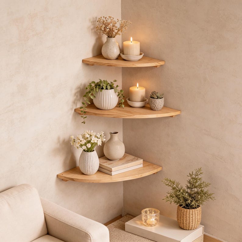 Pu&ograve; includere: Tre mensole angolari in legno con oggetti decorativi. Ogni mensola contiene un vaso bianco con fiori, una candela e una piccola pianta. Le mensole sono montate in un angolo di una stanza con pareti dai colori neutri.