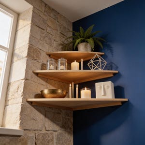 Pu&ograve; includere: Una mensola angolare in legno con tre ripiani, che espone oggetti decorativi. I ripiani contengono candele, una felce in un vaso di cemento, una scultura geometrica, una ciotola di ottone e una scultura di volto bianco. Il muro &egrave; in pietra e blu.