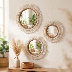Handwoven Macrame Mirror • Boho Woven Wall Art, Neutral Cotton Decor
