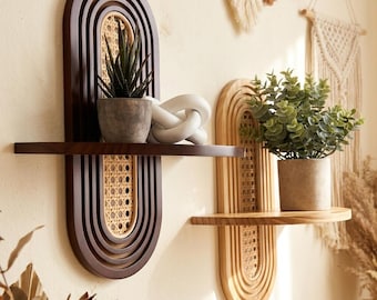 Mensola da parete in legno naturale • Decorazione galleggiante in rattan stile boho (larghezza 30 cm)