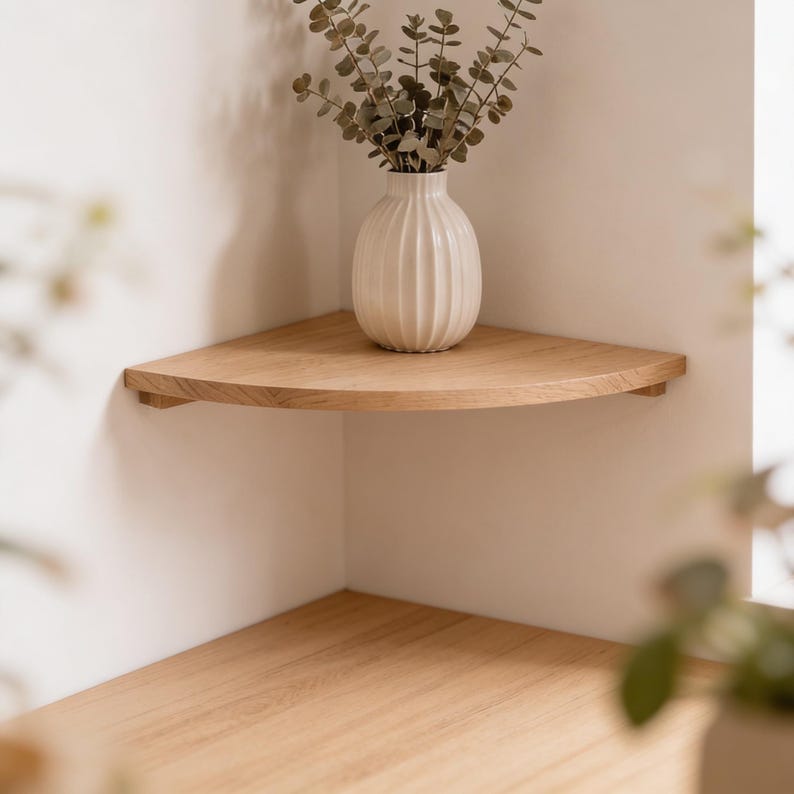 Pu&ograve; includere: Mensola angolare in legno chiaro con bordo anteriore curvo. Un vaso bianco e scanalato contiene piante secche, posto sulla mensola. La mensola &egrave; montata su una parete bianca, creando un'estetica minimalista e moderna. La mensola &egrave; profonda circa 30 cm.