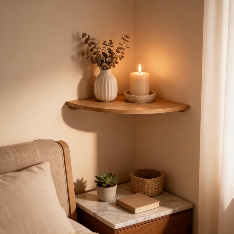 Pu&ograve; includere: Una mensola angolare in legno con un vaso bianco con verde e una candela accesa su un piattino. Un comodino sottostante presenta una succulenta, un cestino intrecciato e un libro. L'ambiente &egrave; caldo e accogliente.