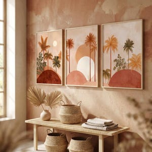 Juego de 3 láminas de arte Boho Tropical con palmeras • Galería de pared con temática del desierto en terracota
