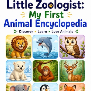 以下が含まれることがあります： 「Little Zoologist: My First Animal Encyclopedia」というタイトルの子供向け本の表紙。ライオン、イルカ、フクロウ、ホッキョクグマ、オランウータン、シカ、ゾウ、ペンギン、キツネのイラストが特徴です。「動物を発見し、学び、愛しましょう」というテキストがあります。