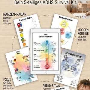 ADHD-overlevingspakket voor kinderen. Routinesjablonen in 5 delen: Ochtend- en avondroutine, stemmingsmeter en focuscheck – Digitale download (pdf)