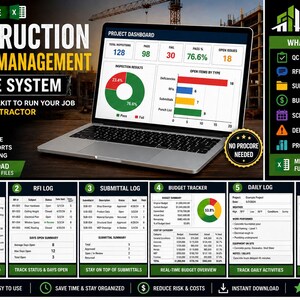 以下が含まれることがあります： ラップトップには、グラフとデータを含む建設プロジェクト管理ダッシュボードが表示されています。画面には、検査結果、未処理の項目、プロジェクト統計が表示されます。画像には、チェックリスト、RFI ログ、予算トラッカー、その他のプロジェクト管理ツールも含まれています。