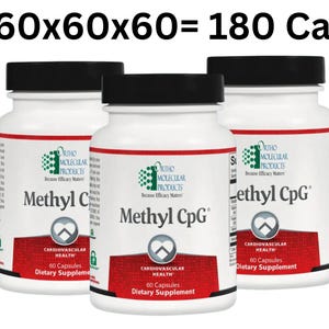May include: Three white plastic bottles with black screw-on caps, each labeled Ortho Molecular Products Methyl CpG Cardiovascular Health 60 Capsules Dietary Supplement. The text 60x60x60= 180 Cap is displayed in large black font above the bottles.