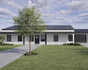 May include: Exterior view of a modern white house with a dark gray roof and garage doors. A concrete driveway leads to the house, and a tree stands in the front yard. The sky is blue with scattered clouds.