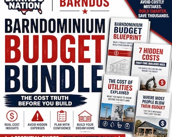May include: A promotional image for "Barndominium Budget Bundle" guides. The image features the text "Barndominium Budget Bundle" in large red and blue letters, along with several smaller guides. The guides cover topics like hidden costs and utilities. The image also includes the text "Build Better Barndos."