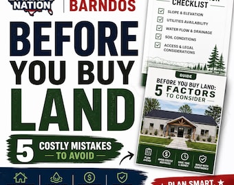 May include: A promotional graphic with the text "BEFORE YOU BUY LAND" and "5 COSTLY MISTAKES TO AVOID." It includes a checklist for land evaluation and a guide on factors to consider before purchasing land. The graphic promotes smart planning.