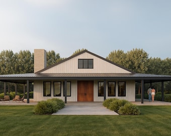 May include: Exterior view of a modern farmhouse with a black roof and trim. The house features a light-colored facade, a large wooden door, and a concrete walkway. A couple stands on the porch. Green grass and trees surround the house.