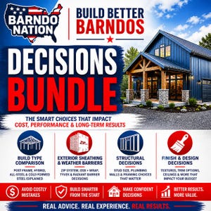 May include: An advertisement for a home building bundle. The image features a blue house with a porch and the text "DECISIONS BUNDLE" in large red letters. Icons illustrate build type, weather barriers, structural decisions, and finish options.