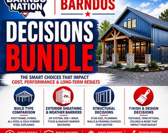 May include: An advertisement for a home building bundle. The image features a blue house with a porch and the text "DECISIONS BUNDLE" in large red letters. Icons illustrate build type, weather barriers, structural decisions, and finish options.