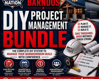 May include: A promotional image for a DIY project management bundle. The image features the text "Build Better Barndos" and "DIY Project Management Bundle." It includes a house, a hard hat, blueprints, and a checklist. The image also contains the text "Real Advice. Real Experience. Real Results."