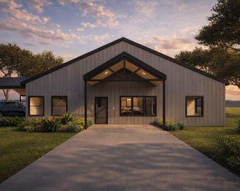 May include: Exterior view of a modern house with a gray facade and a dark roof. The house has large windows and a covered carport. A paved driveway leads to the front door, and the yard is landscaped with grass and plants.