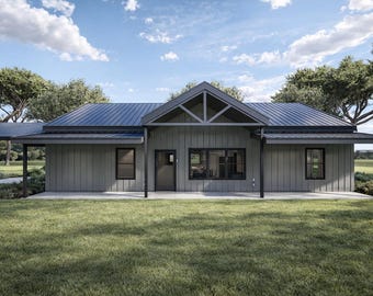 May include: A modern, single-story house with a gray exterior and a dark blue metal roof. The house has a covered porch and large windows. The yard is green with a blue sky and trees in the background.