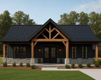 May include: A modern, single-story house with a black metal roof and dark siding. The porch features natural wood beams and stone accents. The house has multiple windows and double doors, set against a backdrop of green grass and trees.