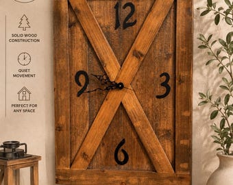 Rustic Farmhouse Wall Clock, Wooden Barn Door Clock, Large Wood Wall Clock, Handmade Farmhouse Decor, Silent Rustic Wall Clock