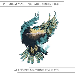 May include: An embroidered bird design with teal, gold, and black thread, with outstretched wings. The bird's body incorporates a mountain landscape. The image includes the text "PREMIUM MACHINE EMBROIDERY FILES" and "ALL TYPES MACHINE FORMATS".